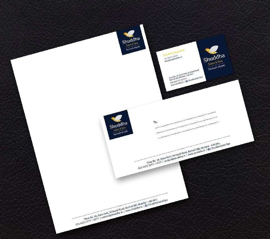 Shuddha Wellness stationery: letterhead, business card and envelope